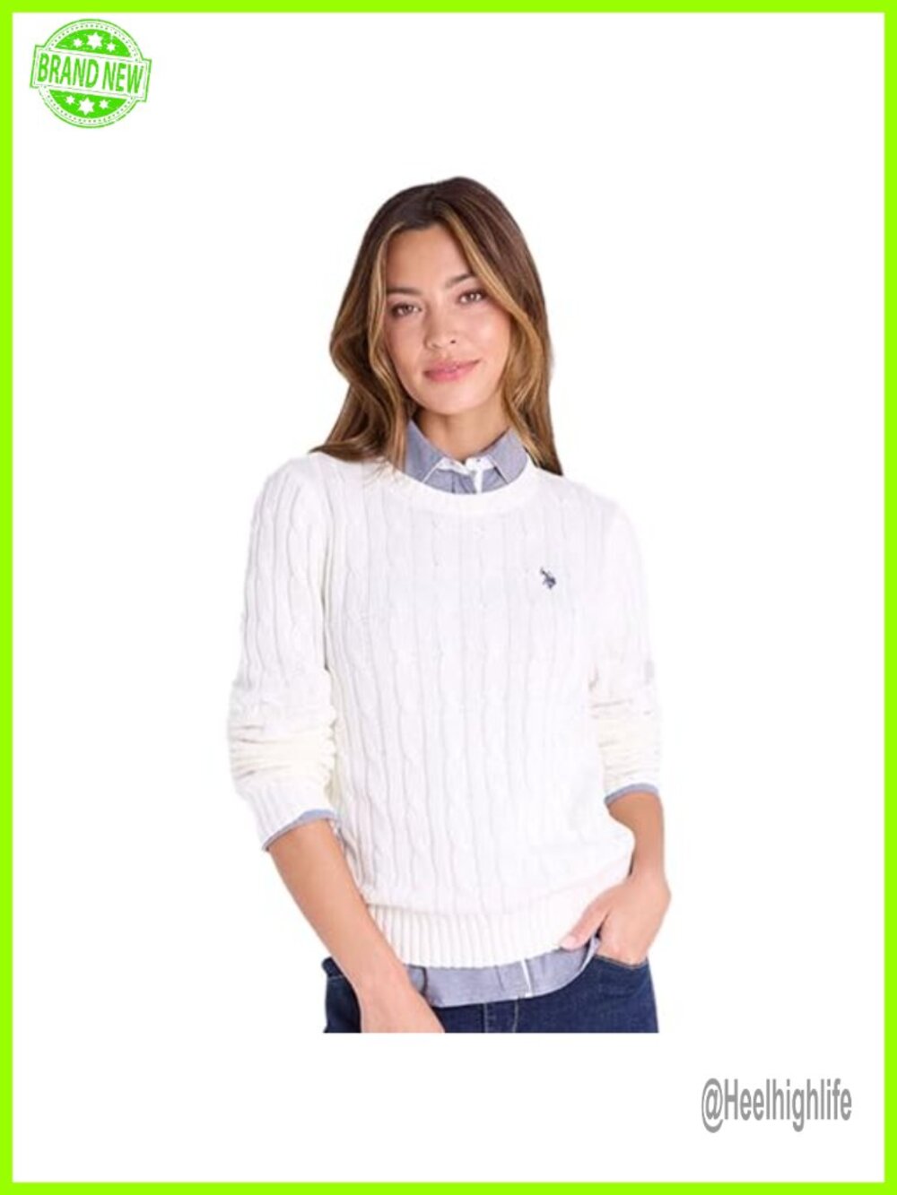 Cable Knit Crew Neck Pullover Sweater with Pony Logo, Ribbed Trims, Long Sleeve